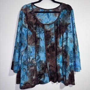 Sere Nade Blue Brown Floral Sheer Blouse 3/4 Sleeve Boho Top Size 3X
